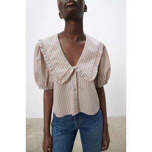 Zara Striped Blouse with Ruffled Collar - Pink and White